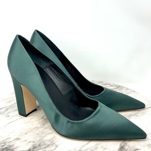 Good American The Statement Pump Pointed Toe Green Satin Block Heel 11 Minimal